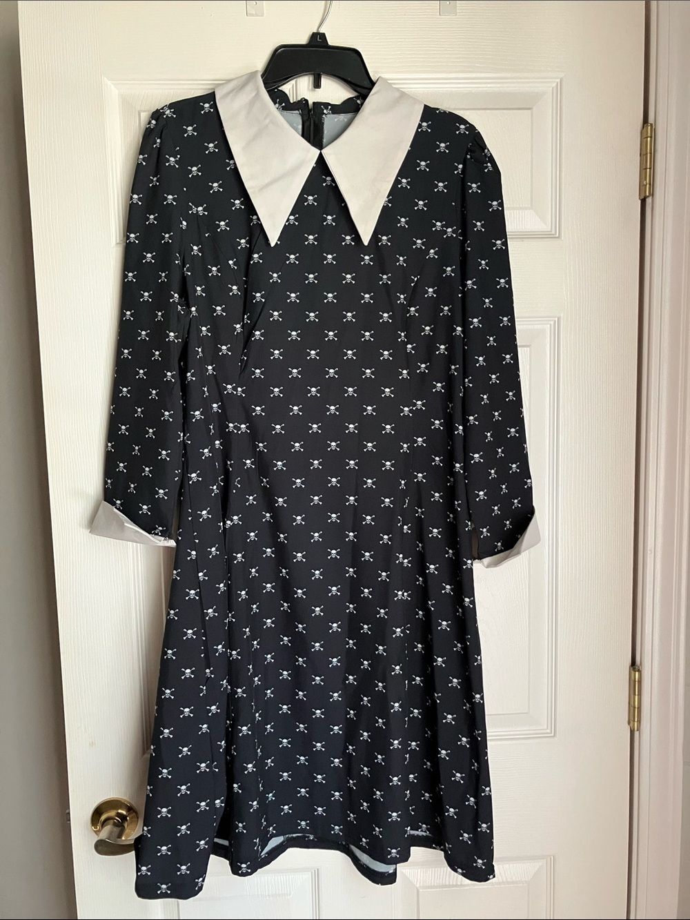 Black Dress with White Pointed Collar and Cropped Sleeves